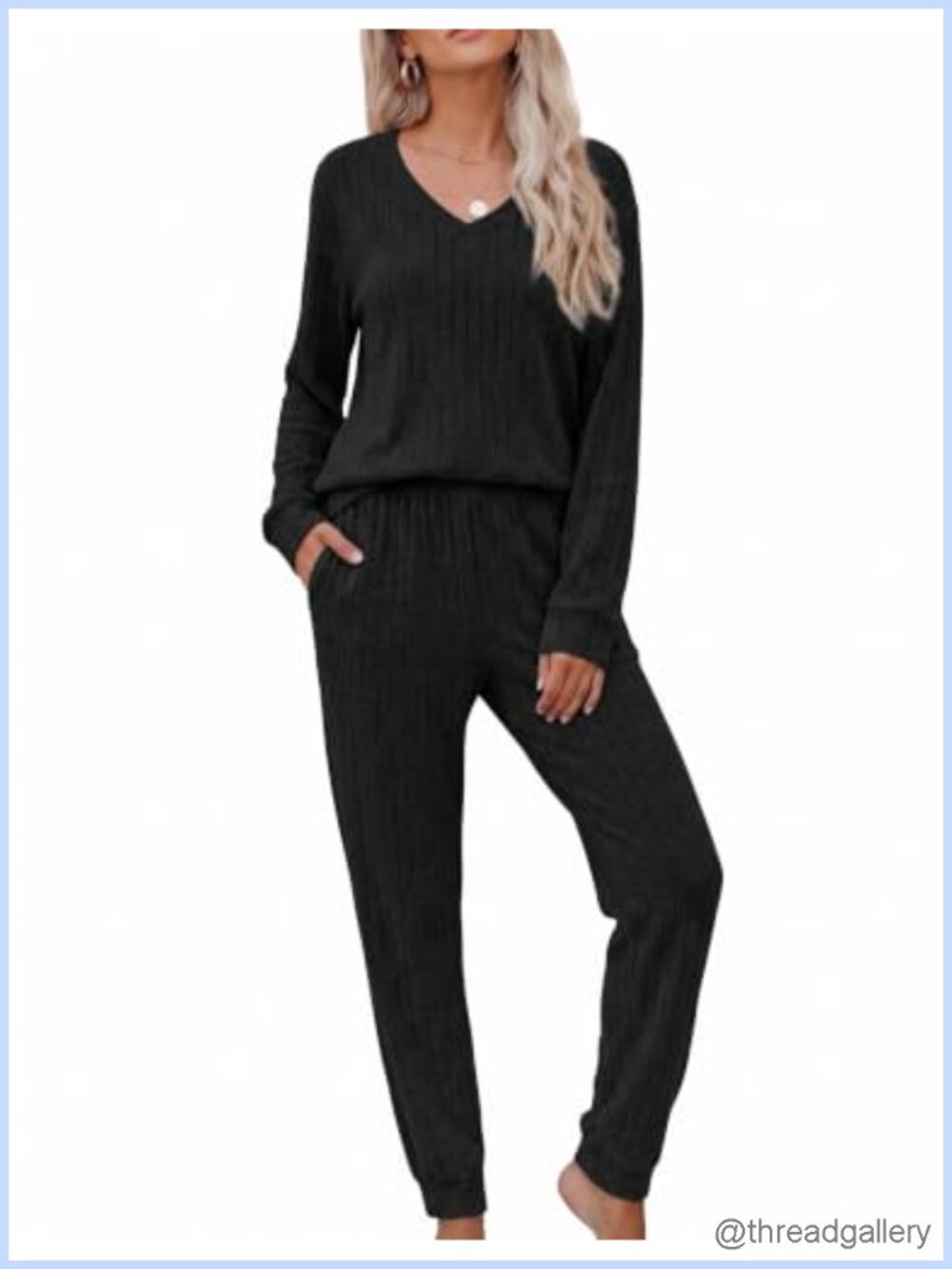 Ribbed Knit Lounge Set Long Sleeve V-Neck Top Jogger Pants Pajamas
